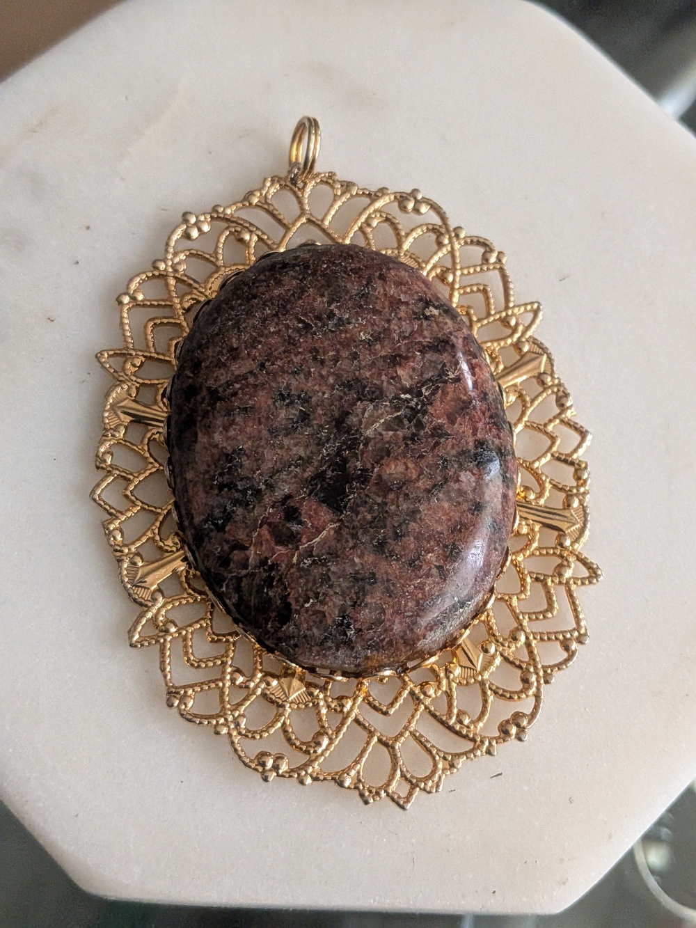 Vintage Large Gold Filigree Pendant Necklace with Pink-Brown Stone